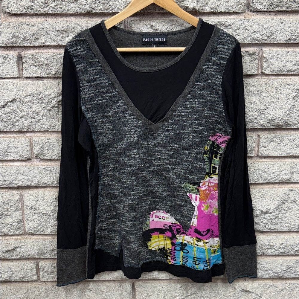 Women's Artistic Black and Gray Long Sleeve Top